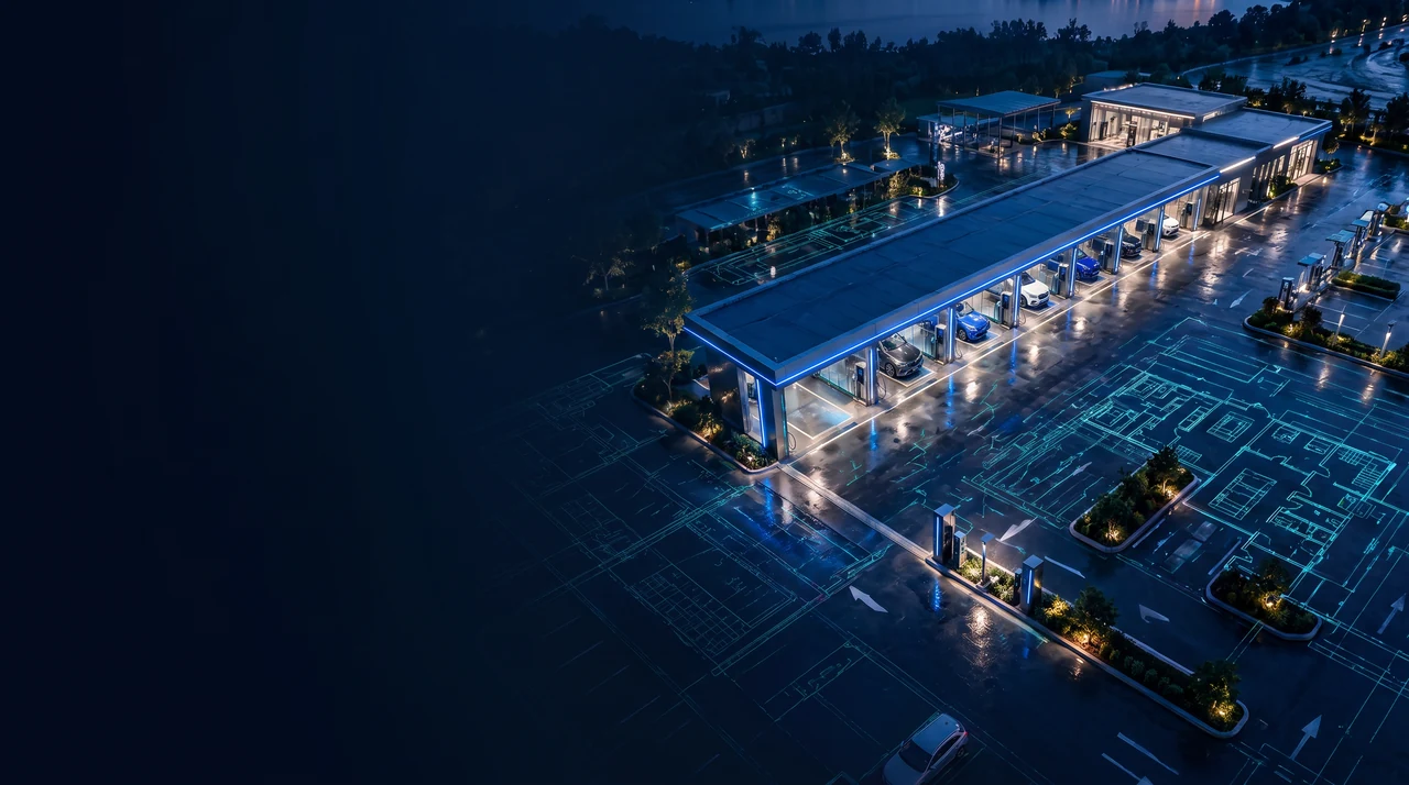 洗車場鳥瞰 CGI，呈現棚架、車道與設備配置整合