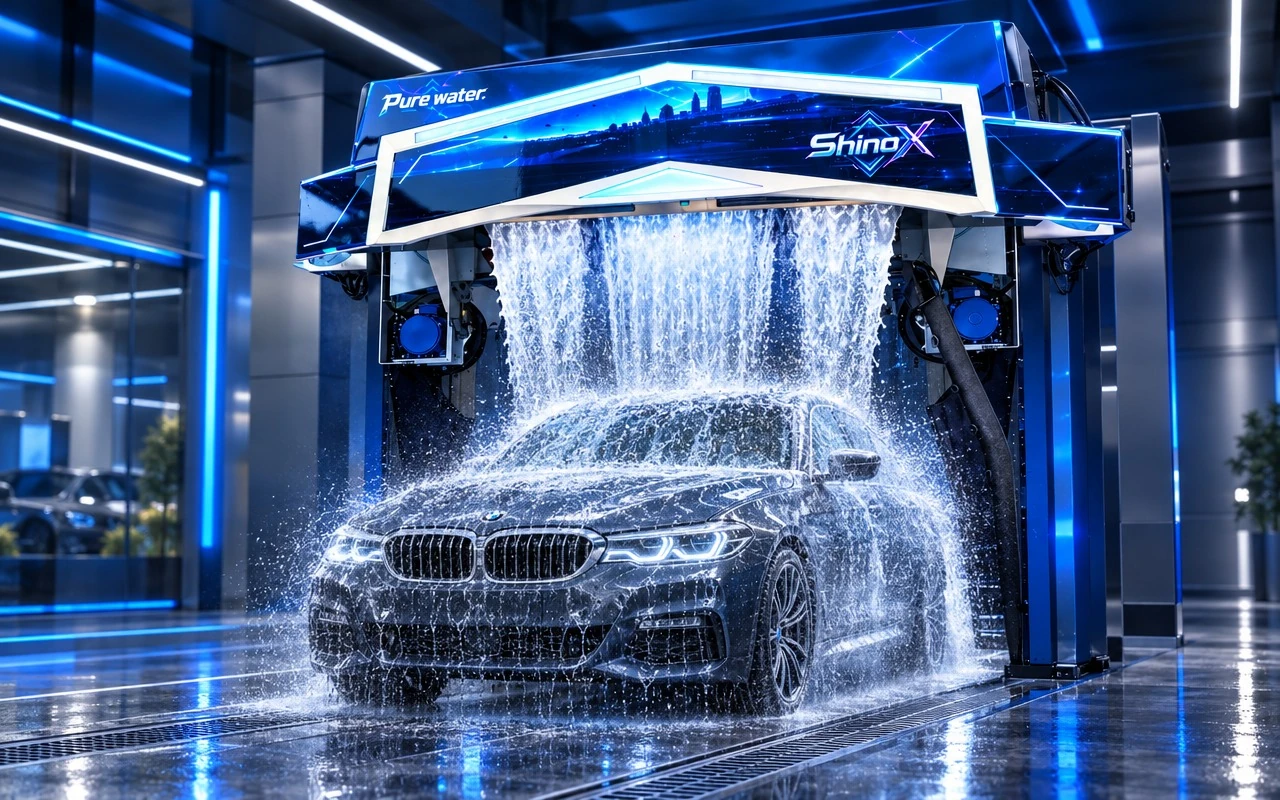 使用者提供的 ShinoX M9 自動水刀洗車機 CGI 形象圖，水刀洗車設備分類