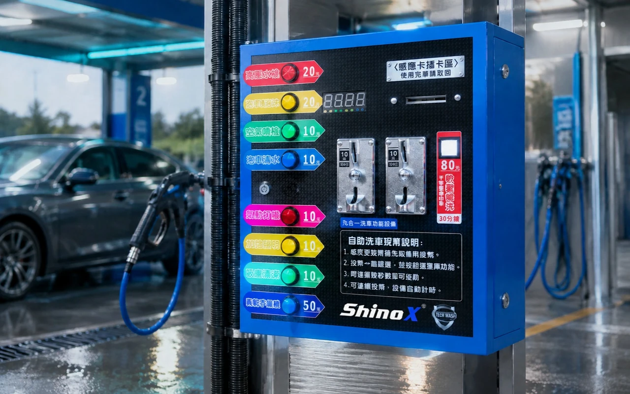 使用者提供的 ShinoX 九合一控制箱 CGI 形象圖，自助洗車設備分類