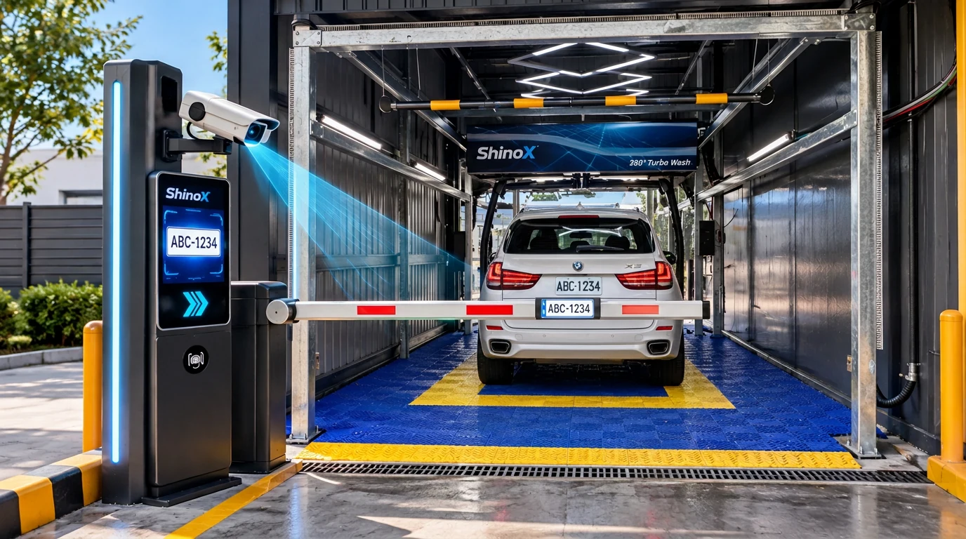 智慧洗車場車牌辨識與支付設備概念示意圖