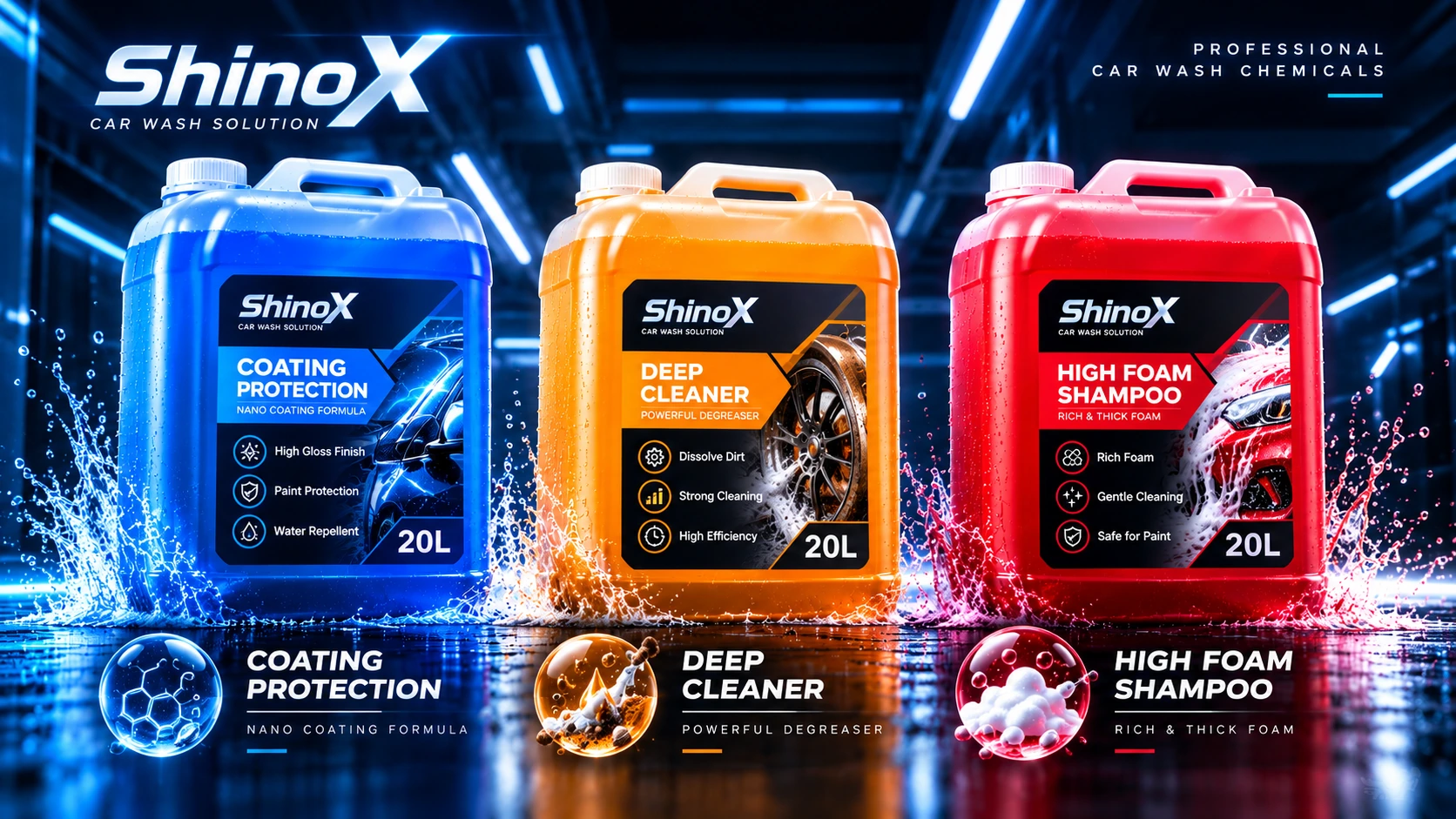 ShinoX 20L professional car wash chemicals: blue Coating Protection, orange Deep Cleaner and red High Foam Shampoo
