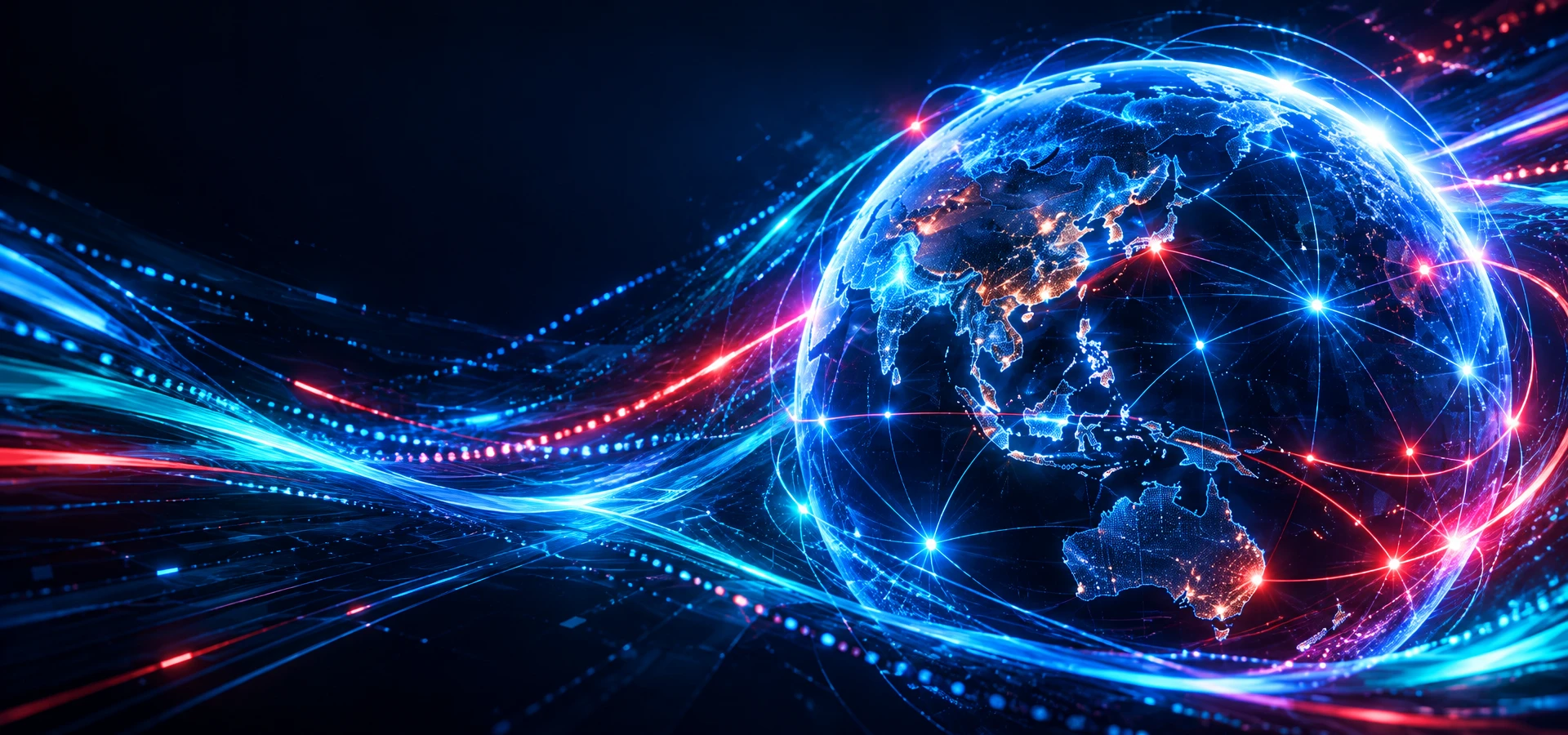 Globe and blue light streams illustrating an international network